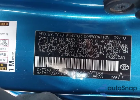 2010 Toyota Corolla Le from USA, damaged, VIN JTDBU4EE8AJ084539